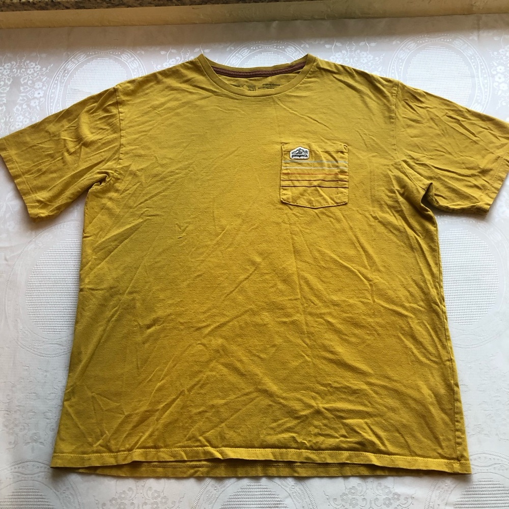 Patagonia Yellow Short Sleeve Pocket Tee with Striped Pocket